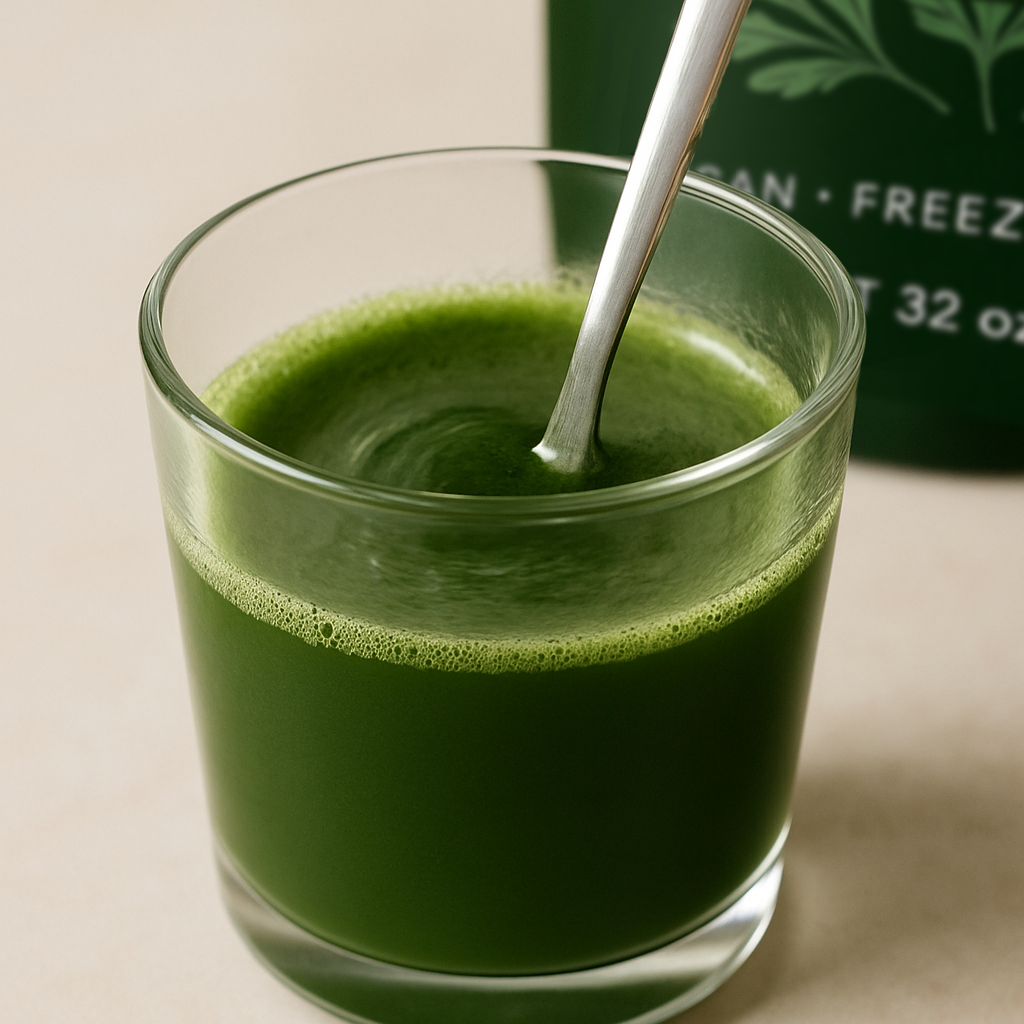 Glass of green juice with a spoon, against a neutral background
