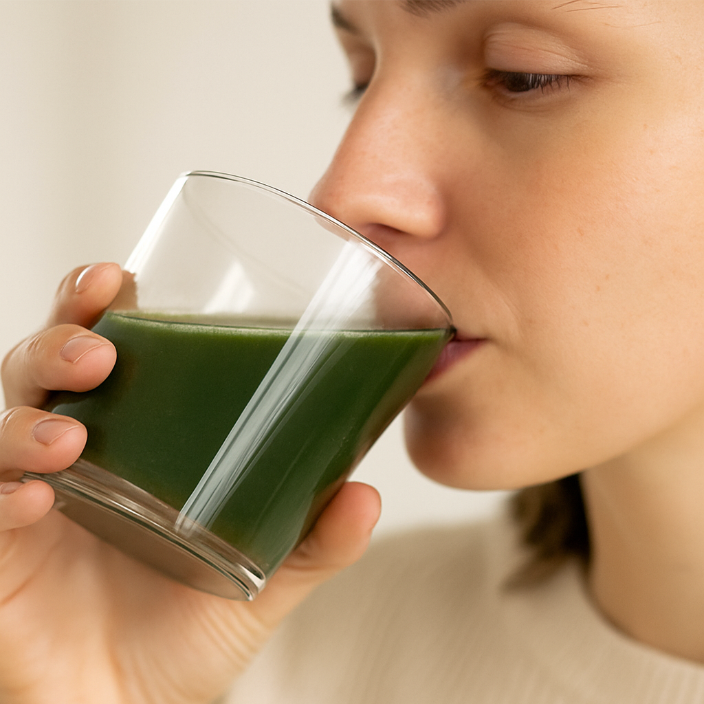 Person drinking green juice from a glass against a neutral background