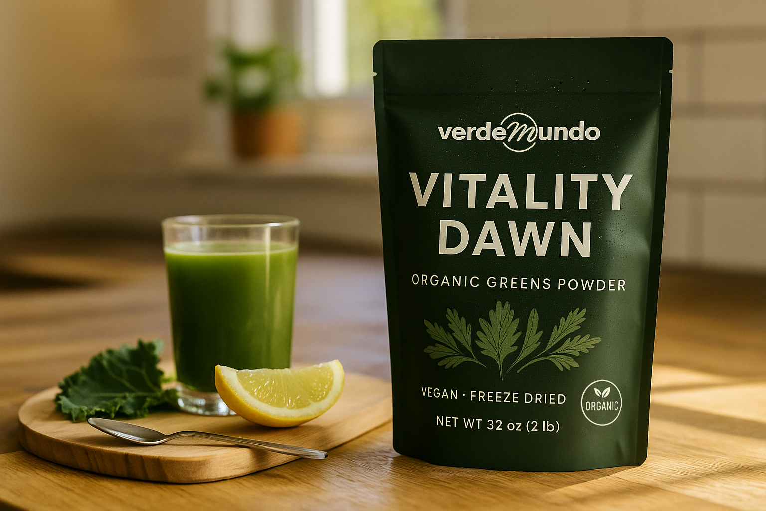 Verdemundo Vitality Dawn organic greens powder package with a glass of green juice and lemon on a wooden table.