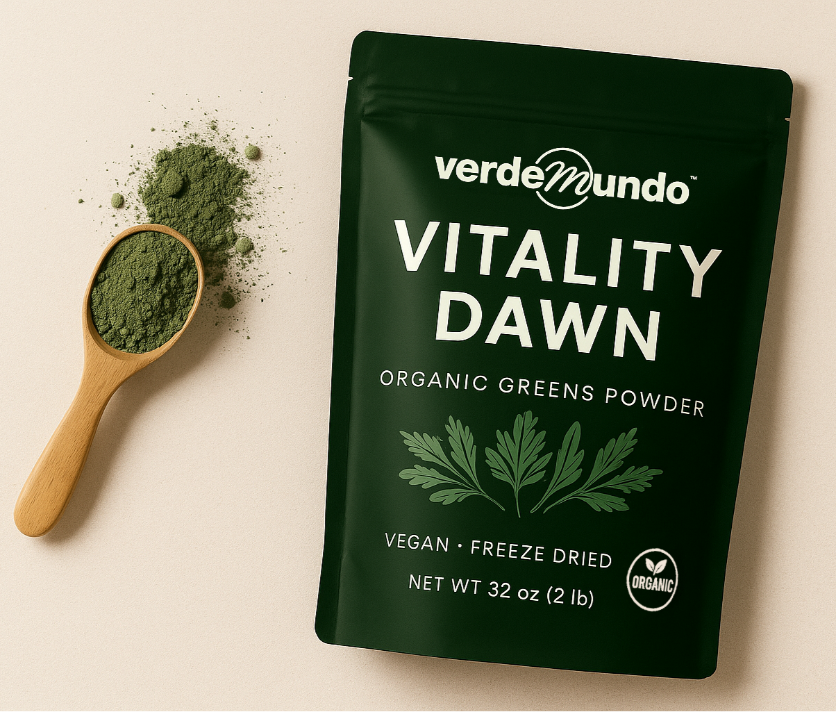 Verdemundo Vitality Dawn organic greens powder packaging with a wooden spoonful of powder on a light background