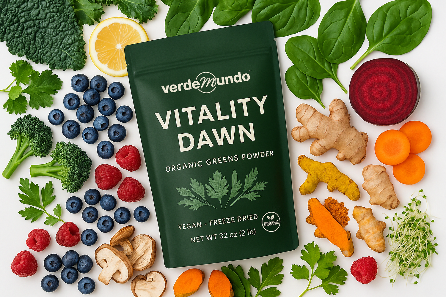 Verde Mundo Vitality Dawn organic greens powder packaging surrounded by fresh vegetables and fruits on a white background