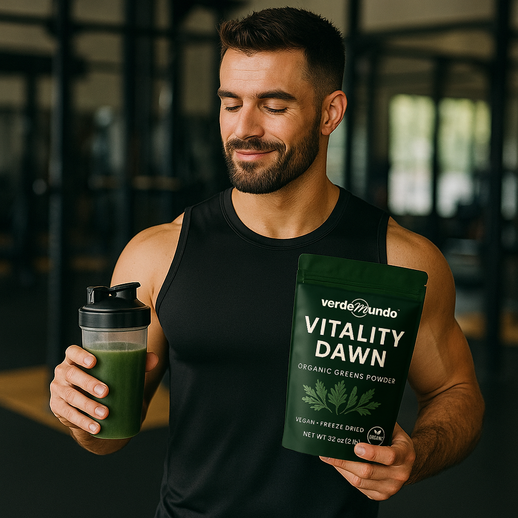 Man holding a green smoothie and a package of 'Vitality Dawn' organic greens powder in a gym setting.