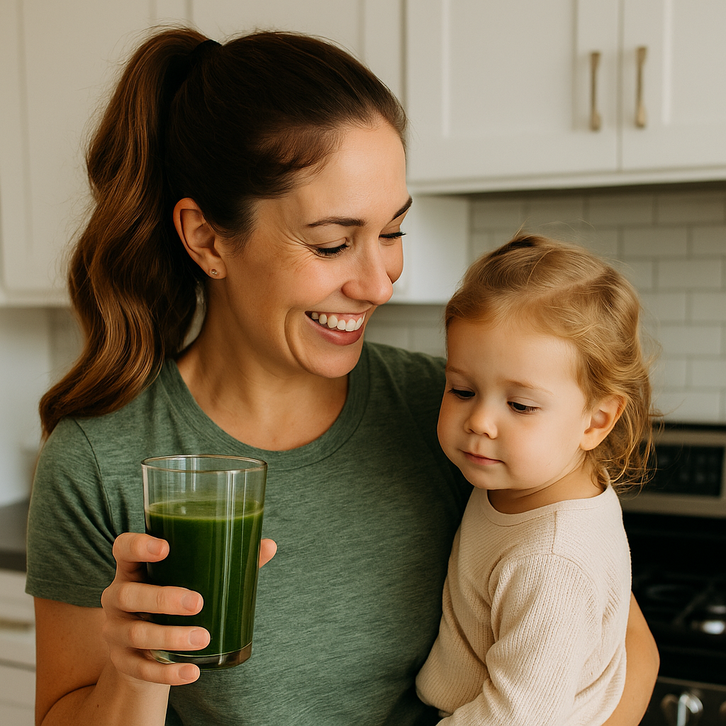 Woman holding a glass of green juice and a child in a kitchen.